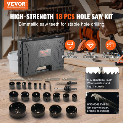 Hole Saw Kit, 18 PCS Saw Blades, 6 Drill Bits, 1 Hex Wrench, Bi Metal M42 Hole Saw Set with Carrying Case, General Purpose Size from 1.9cm to 11.4cm, Ideal for Wood Board, Iron and Plastic Plate