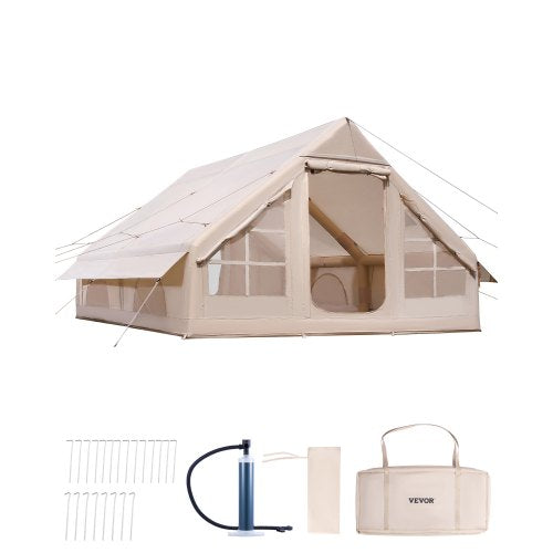 Inflatable Tents for Camping, 5-8 Person Easy Setup Blow up Tent with Hand Pump, 300D Oxford Glamping Tent with Stove Jack 2 Doors & 4 Mesh Windows, Storage Bag Included for Easy Taking