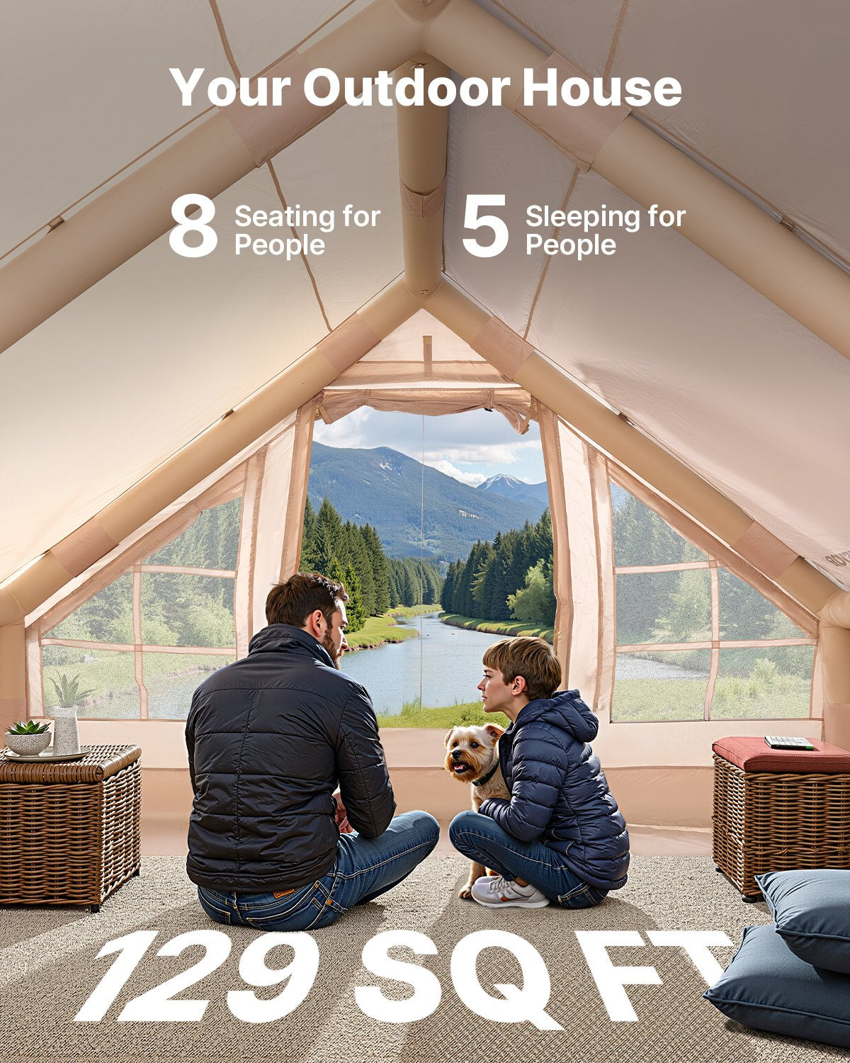 Inflatable Tents for Camping, 5-8 Person Easy Setup Blow up Tent with Hand Pump, 300D Oxford Glamping Tent with Stove Jack 2 Doors & 4 Mesh Windows, Storage Bag Included for Easy Taking