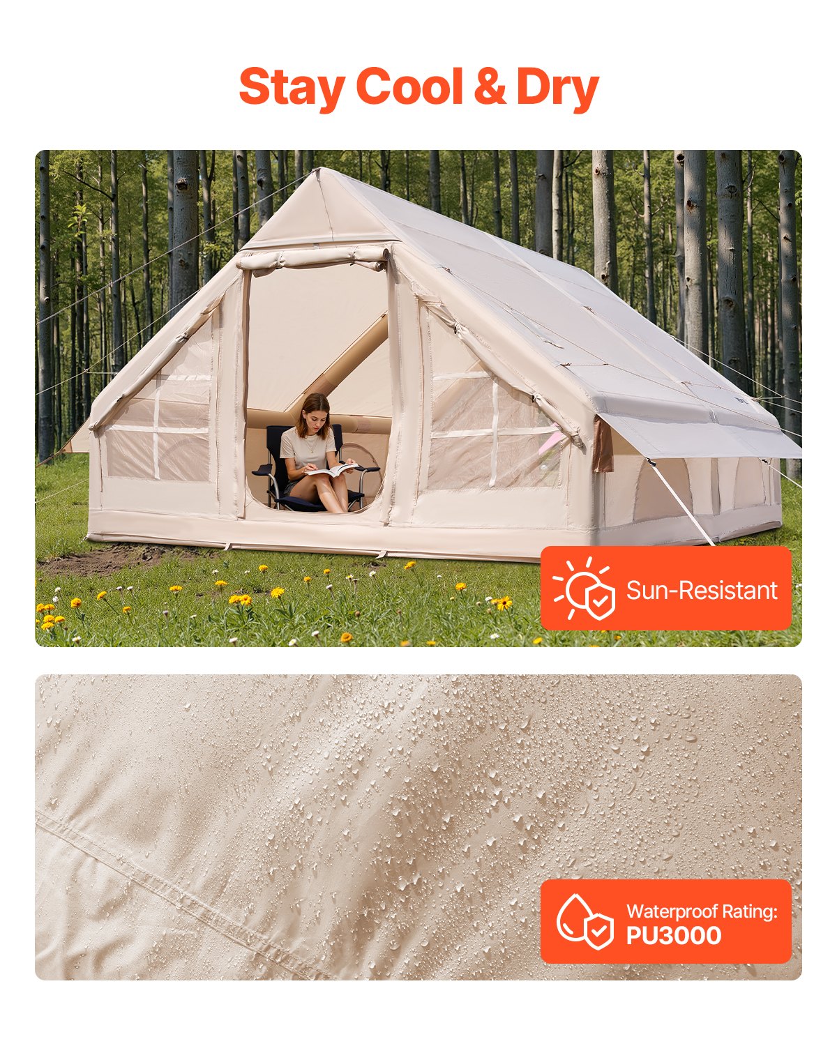 Inflatable Tents for Camping, 5-8 Person Easy Setup Blow up Tent with Hand Pump, 300D Oxford Glamping Tent with Stove Jack 2 Doors & 4 Mesh Windows, Storage Bag Included for Easy Taking