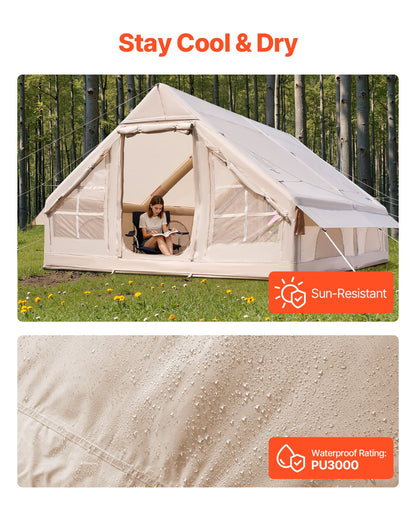 Inflatable Tents for Camping, 5-8 Person Easy Setup Blow up Tent with Hand Pump, 300D Oxford Glamping Tent with Stove Jack 2 Doors & 4 Mesh Windows, Storage Bag Included for Easy Taking