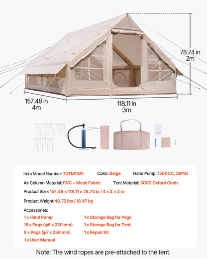 Inflatable Tents for Camping, 5-8 Person Easy Setup Blow up Tent with Hand Pump, 300D Oxford Glamping Tent with Stove Jack 2 Doors & 4 Mesh Windows, Storage Bag Included for Easy Taking
