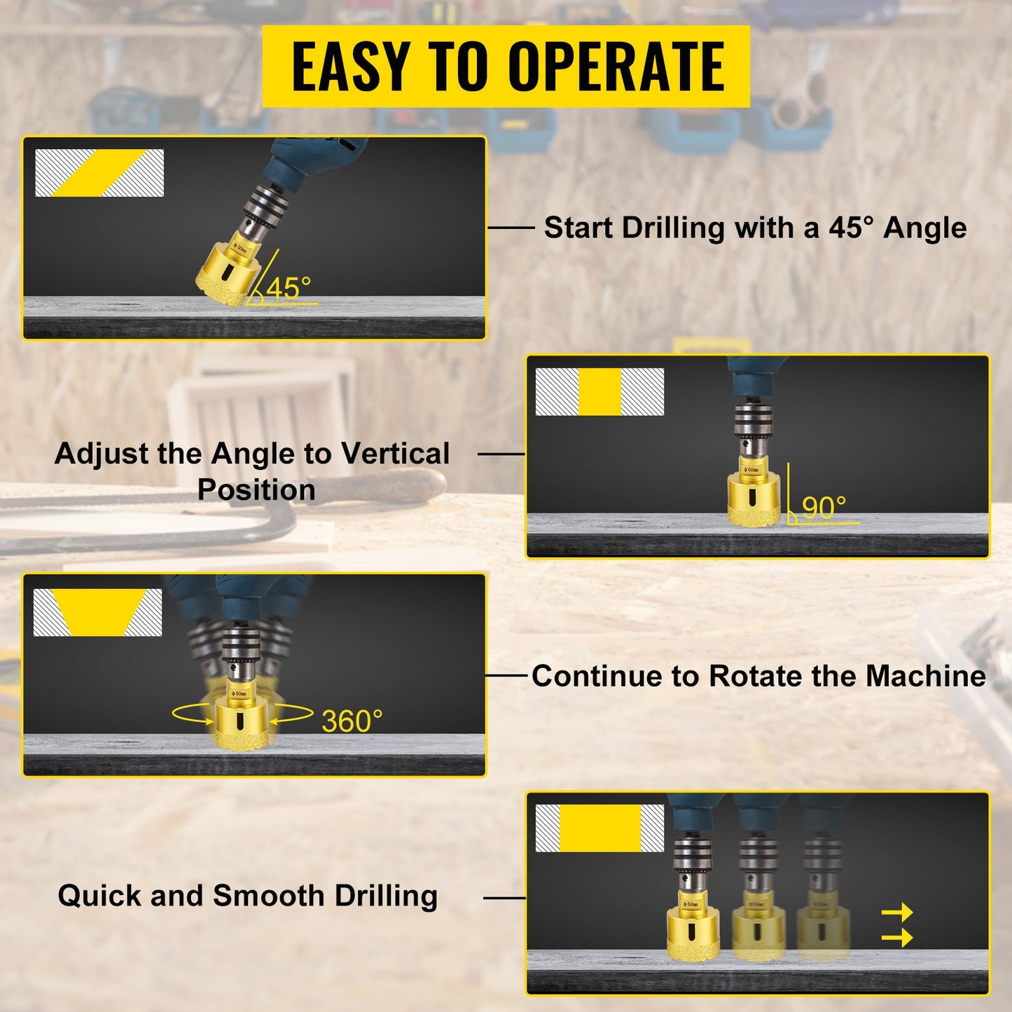 Diamant-Lochsägen-Set, 6-teilig, mit Diamantbohrern von 20 mm bis 68 mm für Keramikfliesen und Marmor