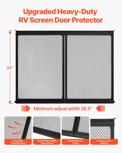 RV Screen Door Protector, 673.1 x 508 mm Door Grille, Easy to Install and Disassemble, Reinforced Breathable Protective Mesh, Aluminum Alloy Camper RV Entry Protector for Pet Protection, Black