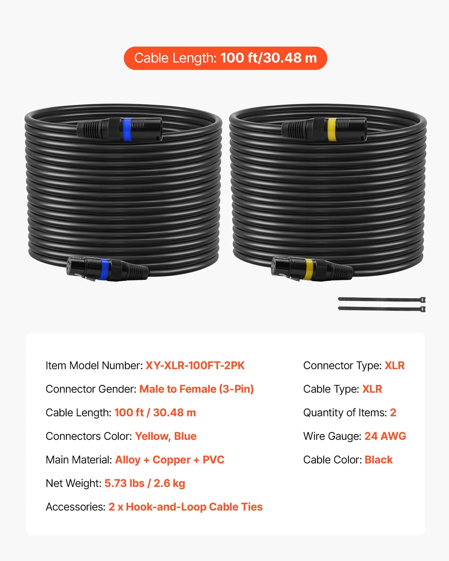 XLR-Kabel, 30,48 m, 2er-Pack, geschirmtes, symmetrisches DMX-Mikrofonkabel (Stecker auf Buchse), vergoldetes 3-poliges XLR-Mikrofon-/Lautsprecherkabel, für Bühnenbeleuchtung, Mikrofone, Verstärker, Mischpulte und Lautsprechersysteme