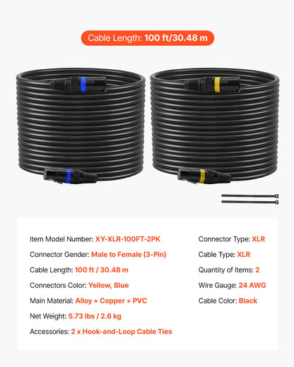 XLR-Kabel, 30,48 m, 2er-Pack, geschirmtes, symmetrisches DMX-Mikrofonkabel (Stecker auf Buchse), vergoldetes 3-poliges XLR-Mikrofon-/Lautsprecherkabel, für Bühnenbeleuchtung, Mikrofone, Verstärker, Mischpulte und Lautsprechersysteme