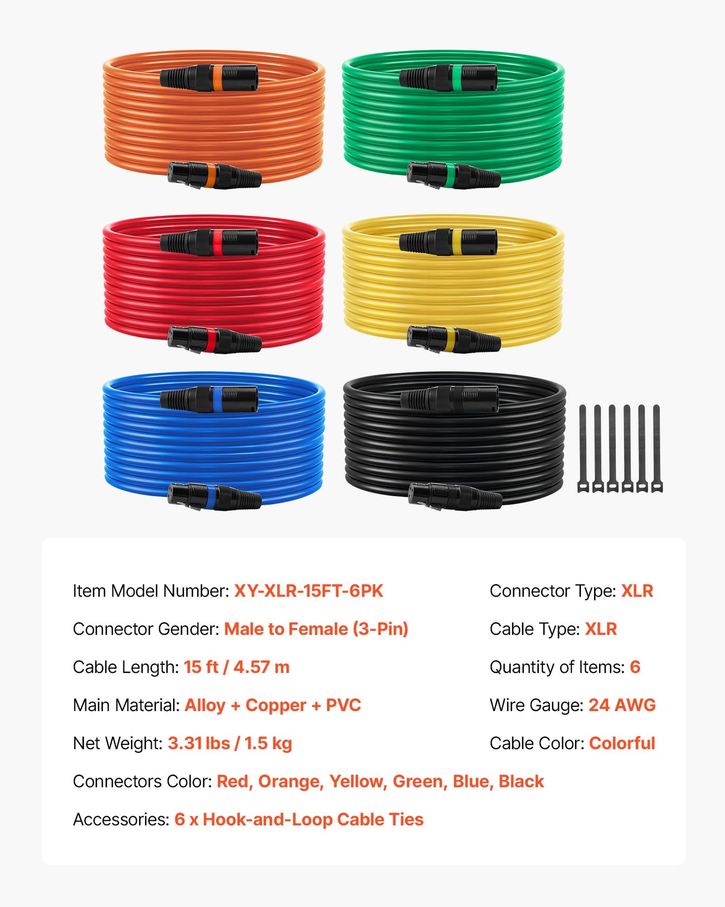 XLR-Kabel 4,57 m, 6er-Pack, geschirmte, symmetrische DMX-Mikrofonkabel (Stecker auf Buchse), vergoldete 3-polige XLR-Mikrofon- und Lautsprecherkabel, für Bühnenbeleuchtung, Mikrofone, Verstärker, Mischpulte und Lautsprechersysteme