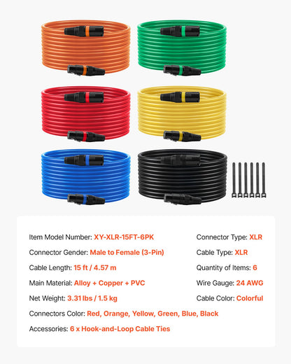 XLR-Kabel 4,57 m, 6er-Pack, geschirmte, symmetrische DMX-Mikrofonkabel (Stecker auf Buchse), vergoldete 3-polige XLR-Mikrofon- und Lautsprecherkabel, für Bühnenbeleuchtung, Mikrofone, Verstärker, Mischpulte und Lautsprechersysteme