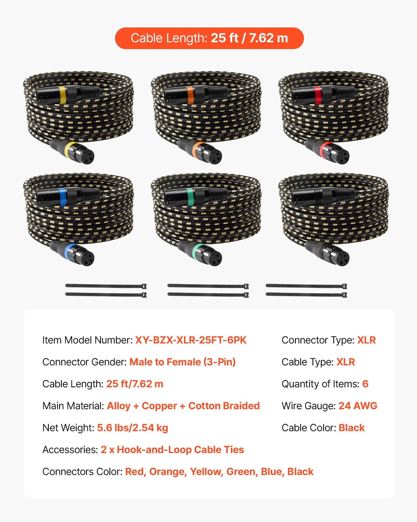 XLR-Kabel, 7,62 m, 6er-Pack, geschirmte, symmetrische DMX-Mikrofonkabel (Stecker auf Buchse), vergoldete 3-polige XLR-Mikrofon- und Lautsprecherkabel, für Bühnenbeleuchtung, Mikrofone, Verstärker, Mischpulte und Lautsprechersysteme