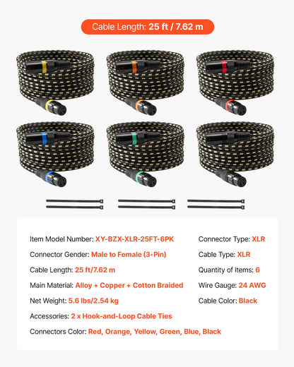XLR-Kabel, 7,62 m, 6er-Pack, geschirmte, symmetrische DMX-Mikrofonkabel (Stecker auf Buchse), vergoldete 3-polige XLR-Mikrofon- und Lautsprecherkabel, für Bühnenbeleuchtung, Mikrofone, Verstärker, Mischpulte und Lautsprechersysteme