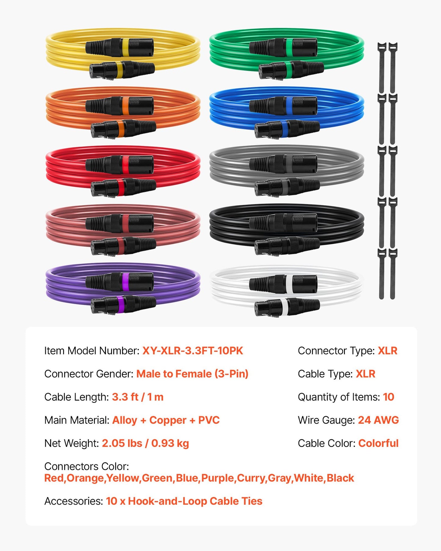 XLR-Kabel, 1 m, 10er-Pack, geschirmte, symmetrische DMX-Mikrofonkabel (Stecker auf Buchse), vergoldete 3-polige XLR-Mikrofon- und Lautsprecherkabel für Bühnenbeleuchtung, Mikrofone, Verstärker, Mischpulte und Lautsprechersysteme