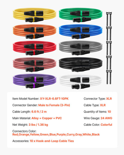 XLR-Kabel, 2 m, 10er-Pack, geschirmte, symmetrische DMX-Mikrofonkabel (Stecker auf Buchse), vergoldete 3-polige XLR-Mikrofon- und Lautsprecherkabel für Bühnenbeleuchtung, Mikrofone, Verstärker, Mischpulte und Lautsprechersysteme