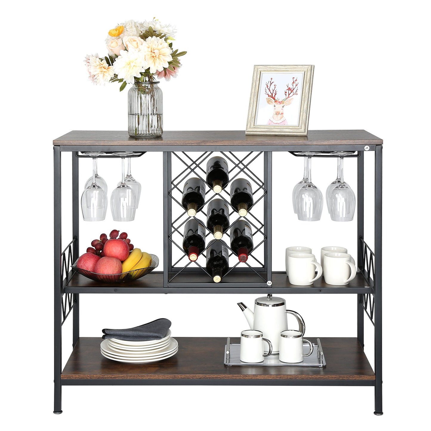 40 Inch Industrial Bar Cabinet, Wine Table for Liquor and Glasses, Sideboard Buffet Cabinet with Glass Holder & Wine Rack, Freestanding Farmhouse Wood Coffee Bar Cabinet for Living Room Home Bar