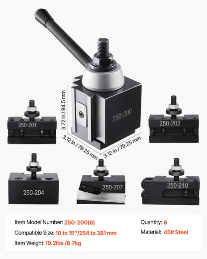 Schnellwechsel-Werkzeughalter-Set, 6-teilig, inklusive Drehmeißelhalter, Keil-Werkzeughalter mit Zubehör für Drehmeißelhalter, für Mini- und Metalldrehmaschinen mit 254–381 mm (10–15 Zoll) Drehdurchmesser, aus robustem Stahl