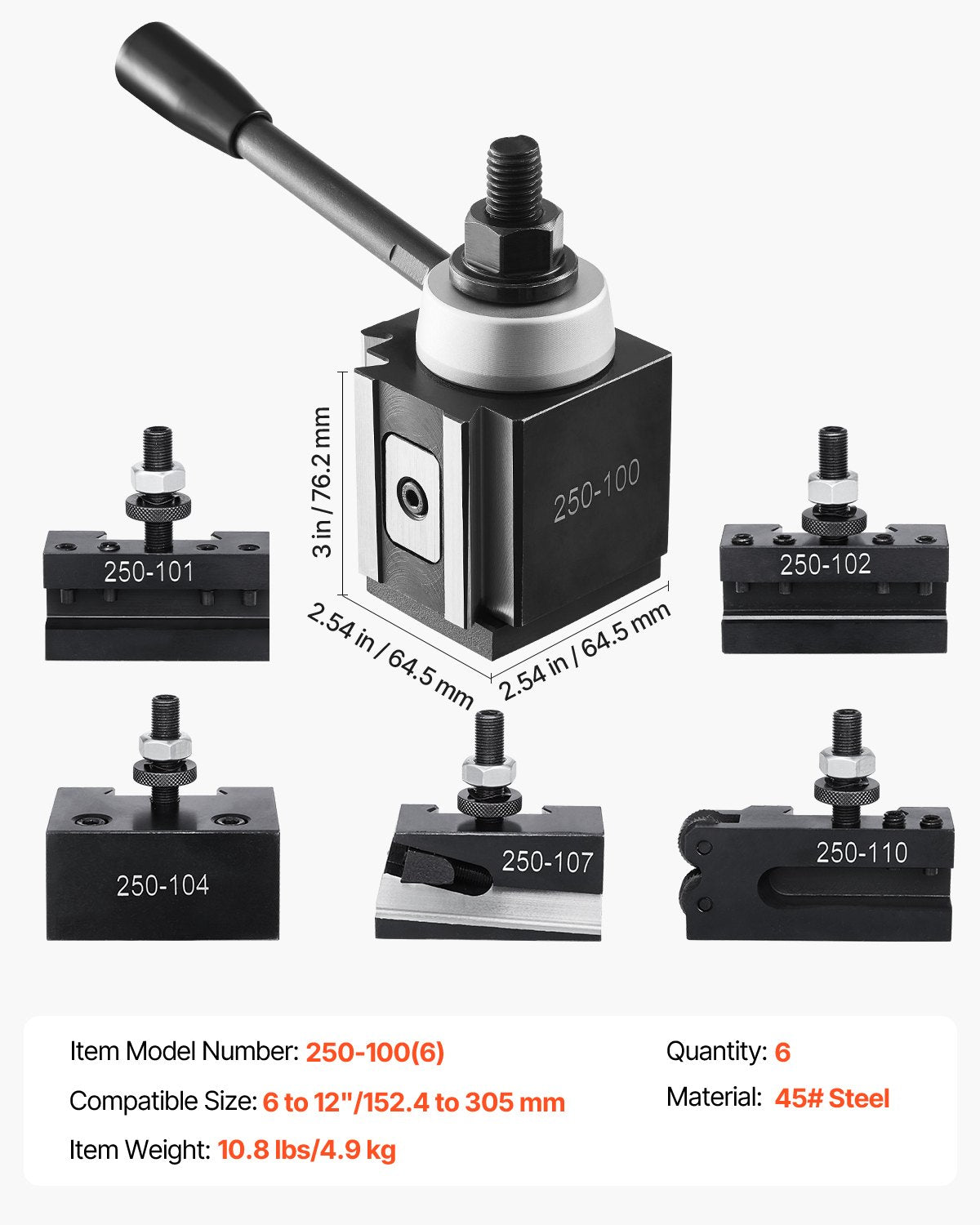 Schnellwechsel-Werkzeughalter-Set, 6-teilig, inklusive Drehmeißelhalter, Keil-Werkzeughalter mit Zubehör für Drehmeißelhalter, passend für Mini- und Metalldrehmaschinen mit 15–30 cm Drehdurchmesser, aus robustem Stahl