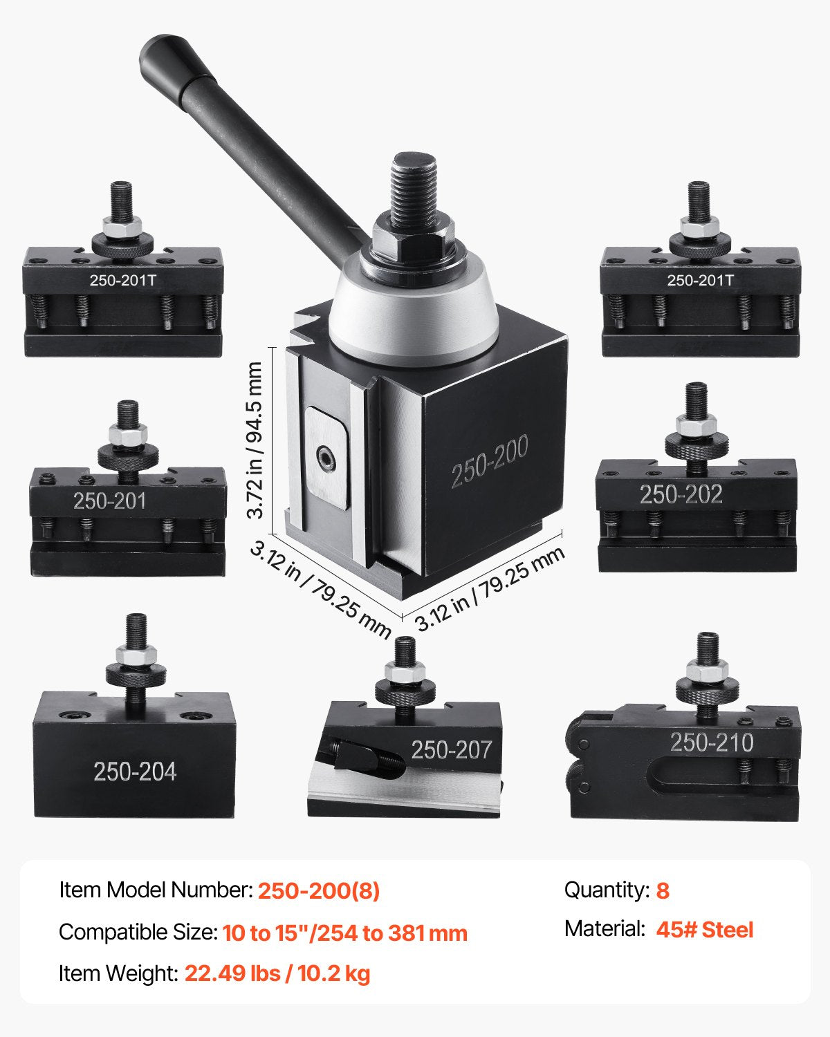 Schnellwechsel-Werkzeughalter-Set, 8-teilig, inklusive Drehmeißelhalter, Keil-Werkzeughalter mit Zubehör für Drehmeißelhalter, für Mini- und Metalldrehmaschinen mit 254–381 mm (10–15 Zoll) Drehdurchmesser, aus robustem Stahl