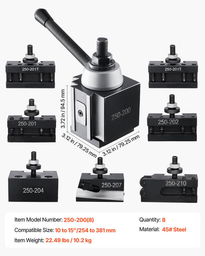 Schnellwechsel-Werkzeughalter-Set, 8-teilig, inklusive Drehmeißelhalter, Keil-Werkzeughalter mit Zubehör für Drehmeißelhalter, für Mini- und Metalldrehmaschinen mit 254–381 mm (10–15 Zoll) Drehdurchmesser, aus robustem Stahl