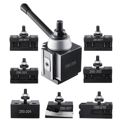 Schnellwechsel-Werkzeughalter-Set, 8-teilig, inklusive Drehmeißelhalter, Keil-Werkzeughalter mit Zubehör für Drehmeißelhalter, für Mini- und Metalldrehmaschinen mit 254–381 mm (10–15 Zoll) Drehdurchmesser, aus robustem Stahl