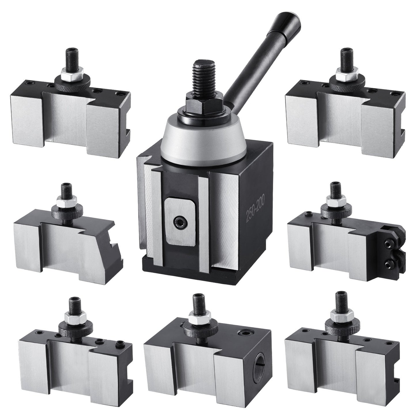 Schnellwechsel-Werkzeughalter-Set, 8-teilig, inklusive Drehmeißelhalter, Keil-Werkzeughalter mit Zubehör für Drehmeißelhalter, für Mini- und Metalldrehmaschinen mit 254–381 mm (10–15 Zoll) Drehdurchmesser, aus robustem Stahl