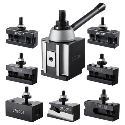 Schnellwechsel-Werkzeughalter-Set, 8-teilig, inklusive Drehmeißelhalter, Keil-Werkzeughalter mit Zubehör für Drehmeißelhalter, für Mini- und Metalldrehmaschinen mit 254–381 mm (10–15 Zoll) Drehdurchmesser, aus robustem Stahl