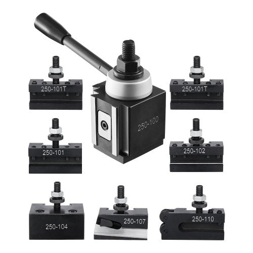 Schnellwechsel-Werkzeughalter-Set, 8-teilig, inklusive Drehmeißelhalter, Keil-Werkzeughalter mit Zubehör für Drehmeißelhalter, passend für Mini- und Metalldrehmaschinen mit 152–305 mm (6–12 Zoll) Drehdurchmesser, aus robustem Stahl