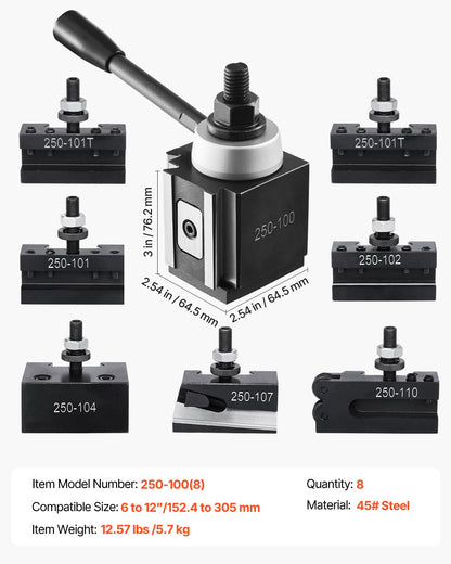 Schnellwechsel-Werkzeughalter-Set, 8-teilig, inklusive Drehmeißelhalter, Keil-Werkzeughalter mit Zubehör für Drehmeißelhalter, passend für Mini- und Metalldrehmaschinen mit 152–305 mm (6–12 Zoll) Drehdurchmesser, aus robustem Stahl