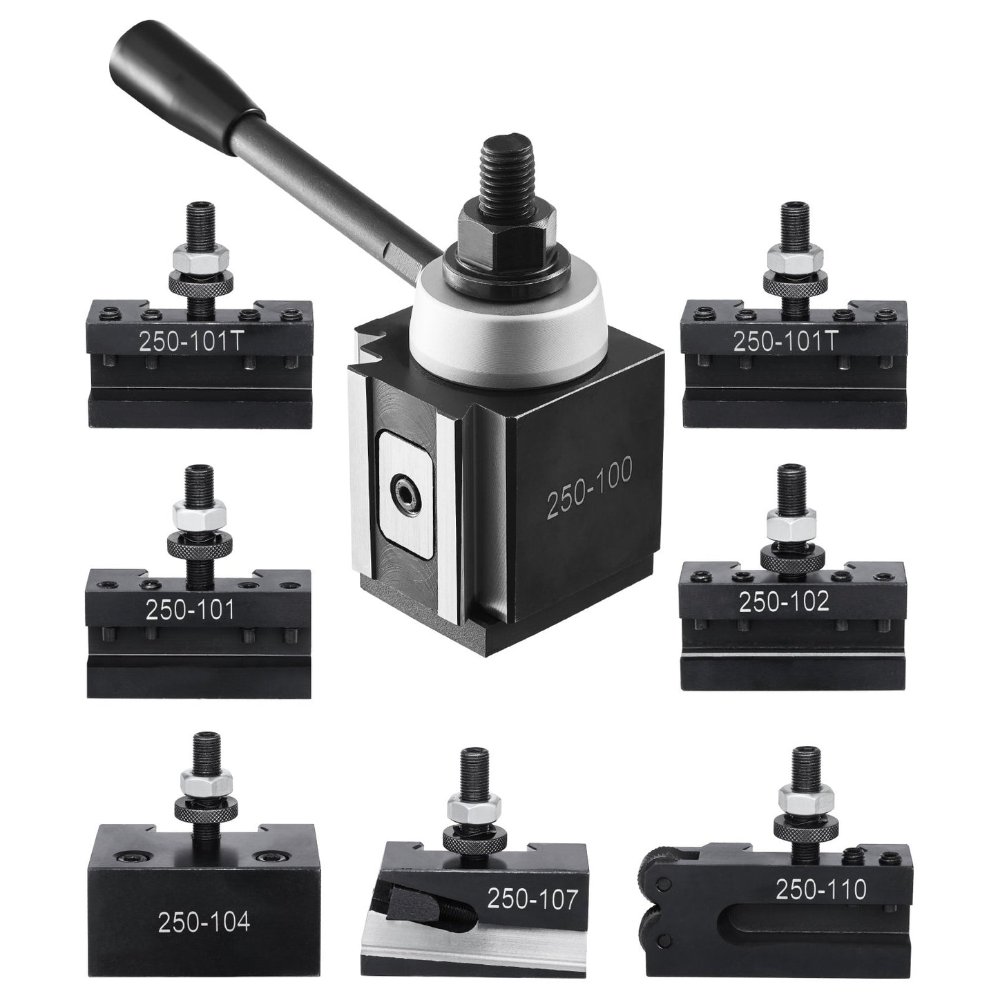 Schnellwechsel-Werkzeughalter-Set, 8-teilig, inklusive Drehmeißelhalter, Keil-Werkzeughalter mit Zubehör für Drehmeißelhalter, passend für Mini- und Metalldrehmaschinen mit 152–305 mm (6–12 Zoll) Drehdurchmesser, aus robustem Stahl