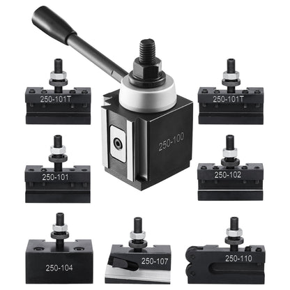 Schnellwechsel-Werkzeughalter-Set, 8-teilig, inklusive Drehmeißelhalter, Keil-Werkzeughalter mit Zubehör für Drehmeißelhalter, passend für Mini- und Metalldrehmaschinen mit 152–305 mm (6–12 Zoll) Drehdurchmesser, aus robustem Stahl