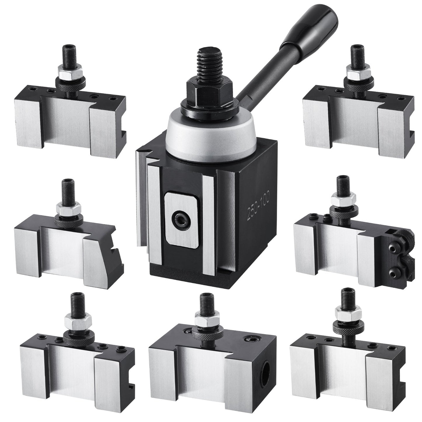 Schnellwechsel-Werkzeughalter-Set, 8-teilig, inklusive Drehmeißelhalter, Keil-Werkzeughalter mit Zubehör für Drehmeißelhalter, passend für Mini- und Metalldrehmaschinen mit 152–305 mm (6–12 Zoll) Drehdurchmesser, aus robustem Stahl