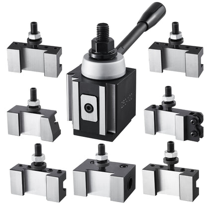 Schnellwechsel-Werkzeughalter-Set, 8-teilig, inklusive Drehmeißelhalter, Keil-Werkzeughalter mit Zubehör für Drehmeißelhalter, passend für Mini- und Metalldrehmaschinen mit 152–305 mm (6–12 Zoll) Drehdurchmesser, aus robustem Stahl