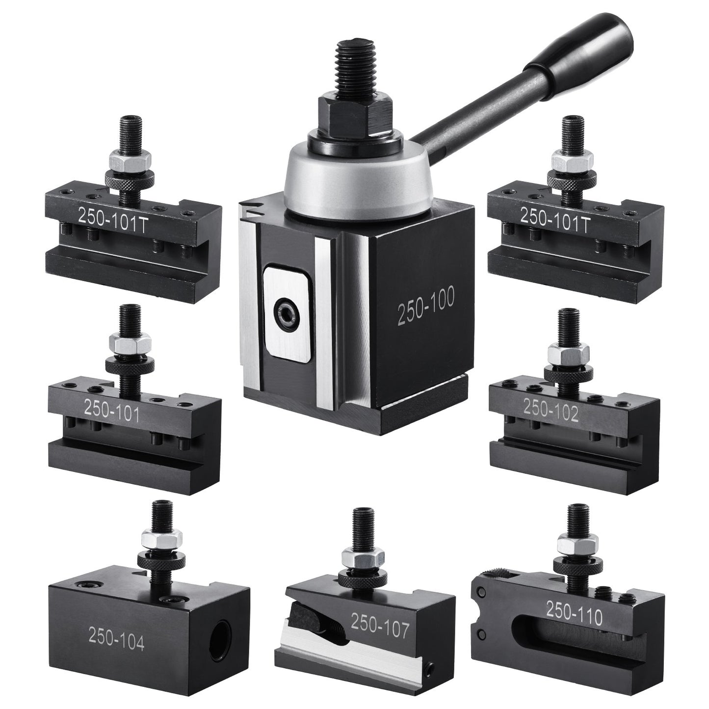 Schnellwechsel-Werkzeughalter-Set, 8-teilig, inklusive Drehmeißelhalter, Keil-Werkzeughalter mit Zubehör für Drehmeißelhalter, passend für Mini- und Metalldrehmaschinen mit 152–305 mm (6–12 Zoll) Drehdurchmesser, aus robustem Stahl