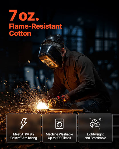 Flame-Resistant Welding Jacket - XL Size, 7oz. FR Cotton Welding Jacket, Machine Washable Heat-Resistant Safety Jacket with Collar, Adjustable Cuffs & Pockets, Meet ATPV 9.2 Cal/cm² Arc Rating