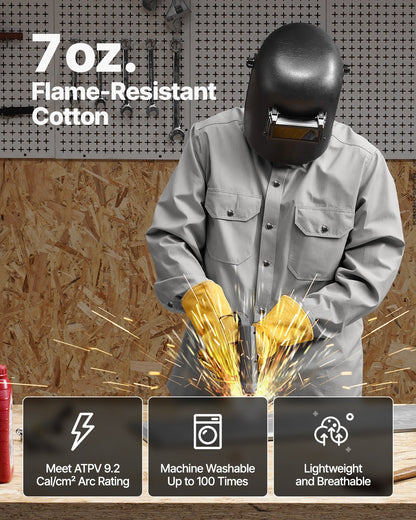 FR Welding Jacket - XXL Size, 7oz. Flame-Resistant Cotton Welding Jacket, Machine Washable Heat-Resistant Safety Jacket with Metal Snap Button & Adjustable Cuff, Meet ATPV 9.2 Cal/cm² Arc Rating