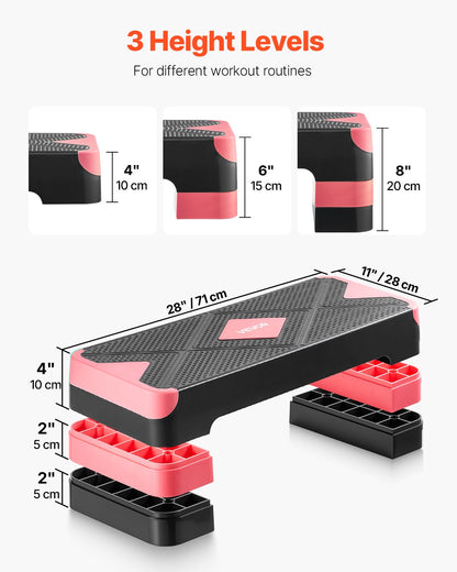 Aerobic Exercise Step Platform, 28-Inch Workout Aerobic Stepper, Height Adjustable Fitness Training Step Deck Trainer with 4 Risers, Non-Slip Surface Bench for Home Gym Cardio Strength, Red