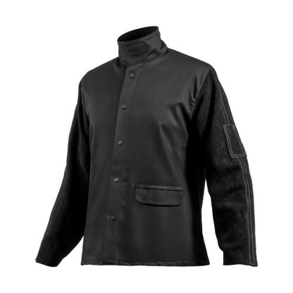 Flame-Resistant Welding Jacket - M Size, Heavy Duty Split Cowhide Leather Sleeve + 9 oz. FR Cotton Body, Heat-Resistant Welding Safety Jacket with Snap Buttons & Pockets, Ideal for Welder Fitter
