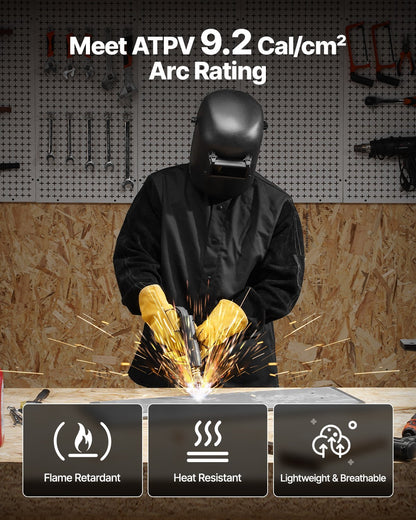 Flame-Resistant Welding Jacket - M Size, Heavy Duty Split Cowhide Leather Sleeve + 9 oz. FR Cotton Body, Heat-Resistant Welding Safety Jacket with Snap Buttons & Pockets, Ideal for Welder Fitter