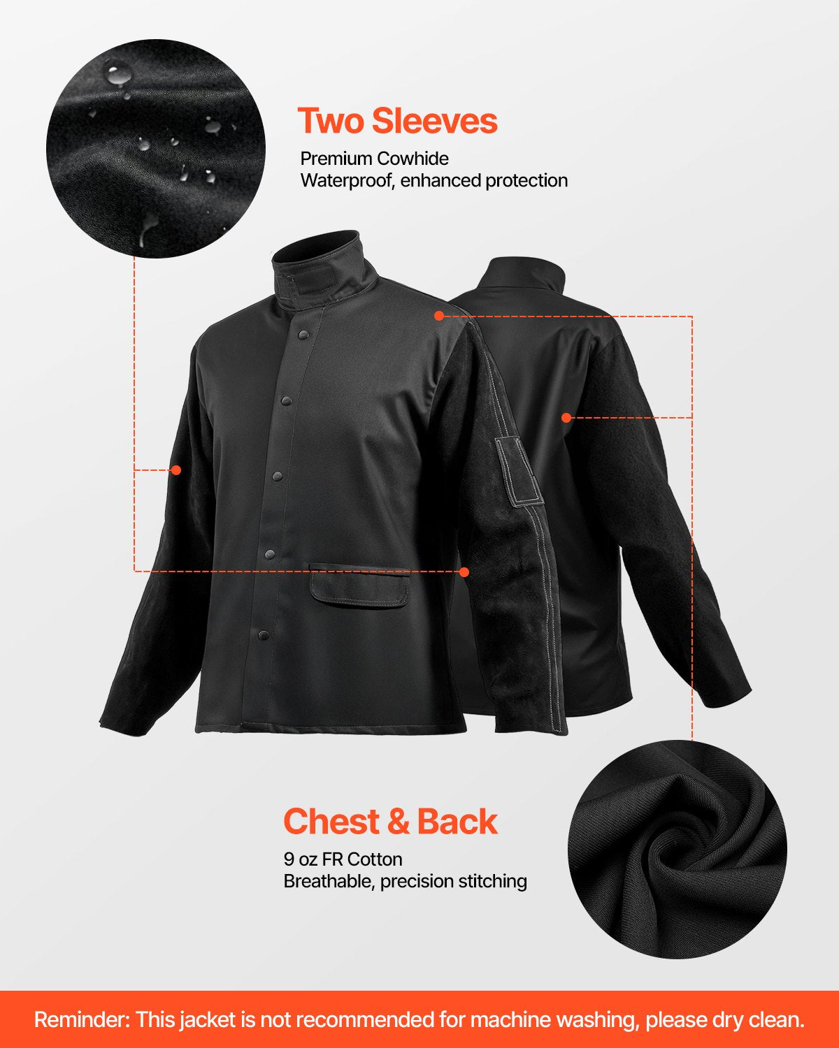 Flame-Resistant Welding Jacket - M Size, Heavy Duty Split Cowhide Leather Sleeve + 9 oz. FR Cotton Body, Heat-Resistant Welding Safety Jacket with Snap Buttons & Pockets, Ideal for Welder Fitter