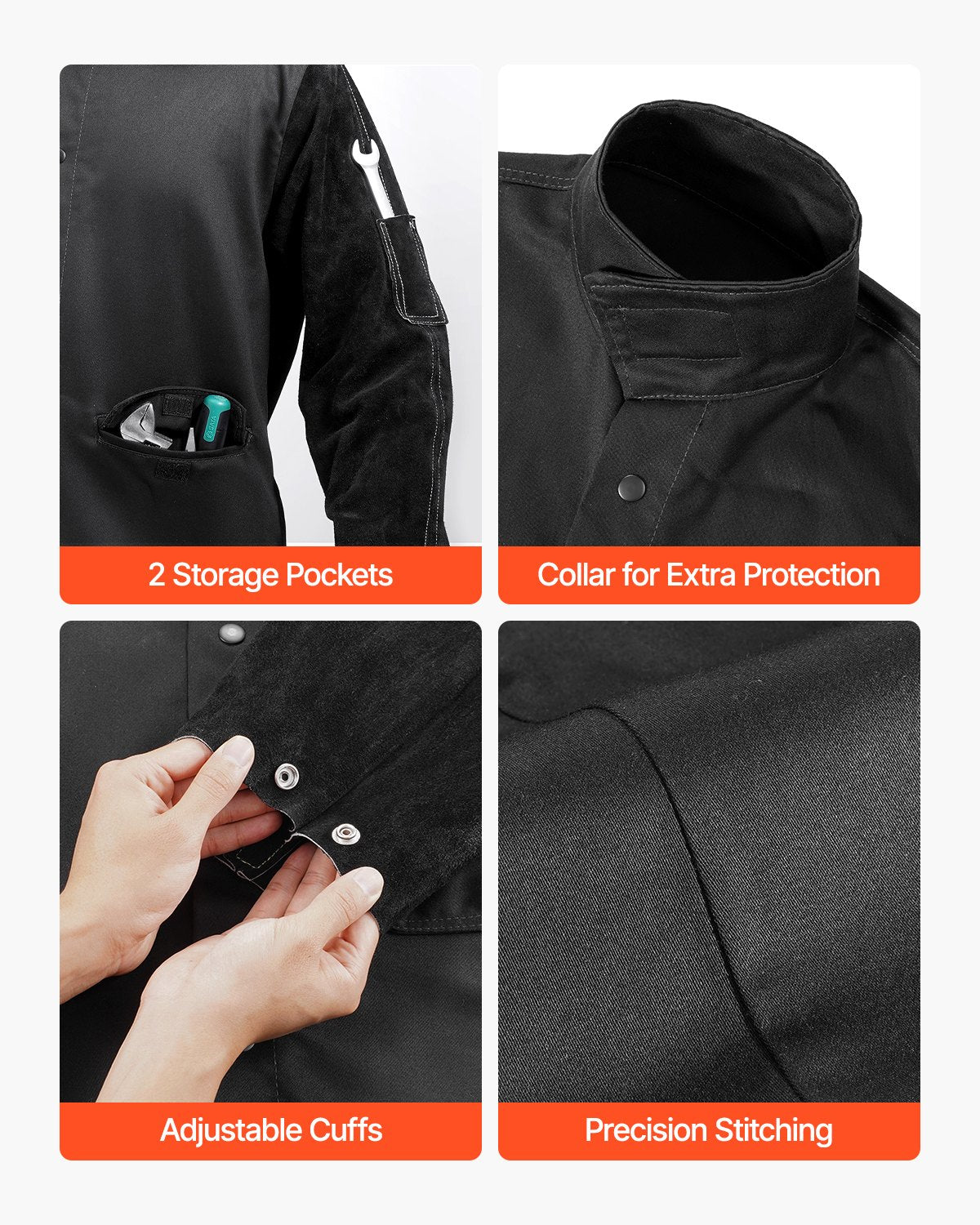 Flame-Resistant Welding Jacket - M Size, Heavy Duty Split Cowhide Leather Sleeve + 9 oz. FR Cotton Body, Heat-Resistant Welding Safety Jacket with Snap Buttons & Pockets, Ideal for Welder Fitter