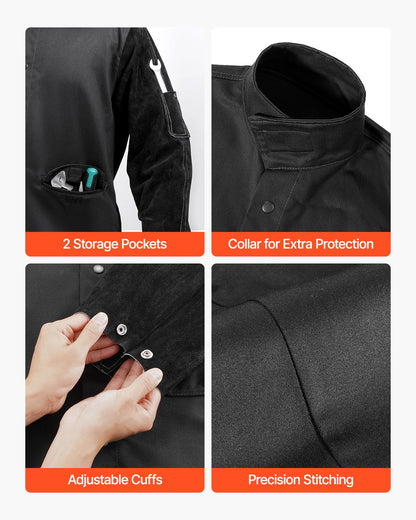 Flame-Resistant Welding Jacket - M Size, Heavy Duty Split Cowhide Leather Sleeve + 9 oz. FR Cotton Body, Heat-Resistant Welding Safety Jacket with Snap Buttons & Pockets, Ideal for Welder Fitter