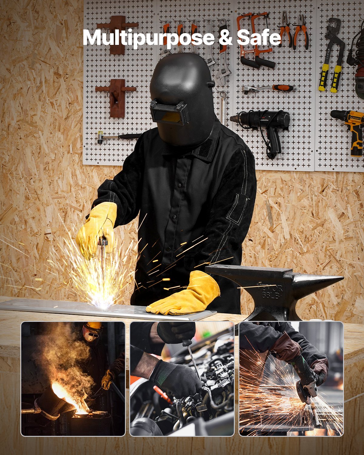 Flame-Resistant Welding Jacket - M Size, Heavy Duty Split Cowhide Leather Sleeve + 9 oz. FR Cotton Body, Heat-Resistant Welding Safety Jacket with Snap Buttons & Pockets, Ideal for Welder Fitter