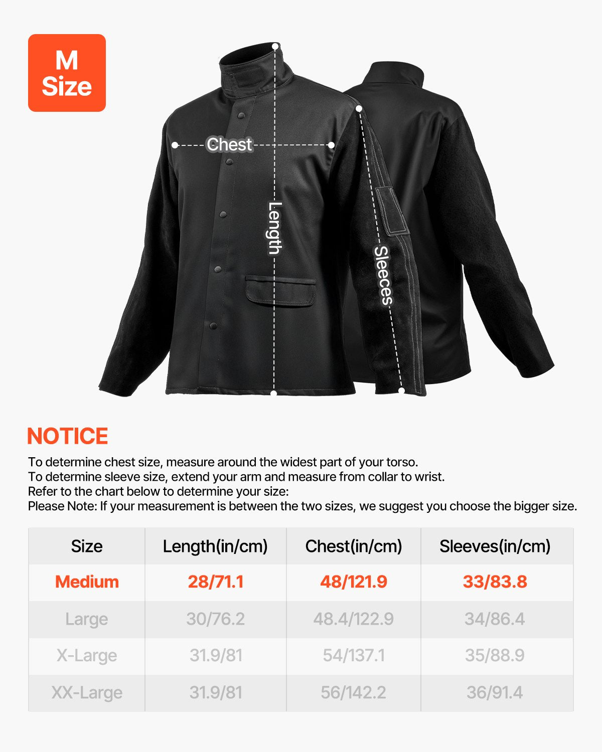 Flame-Resistant Welding Jacket - M Size, Heavy Duty Split Cowhide Leather Sleeve + 9 oz. FR Cotton Body, Heat-Resistant Welding Safety Jacket with Snap Buttons & Pockets, Ideal for Welder Fitter