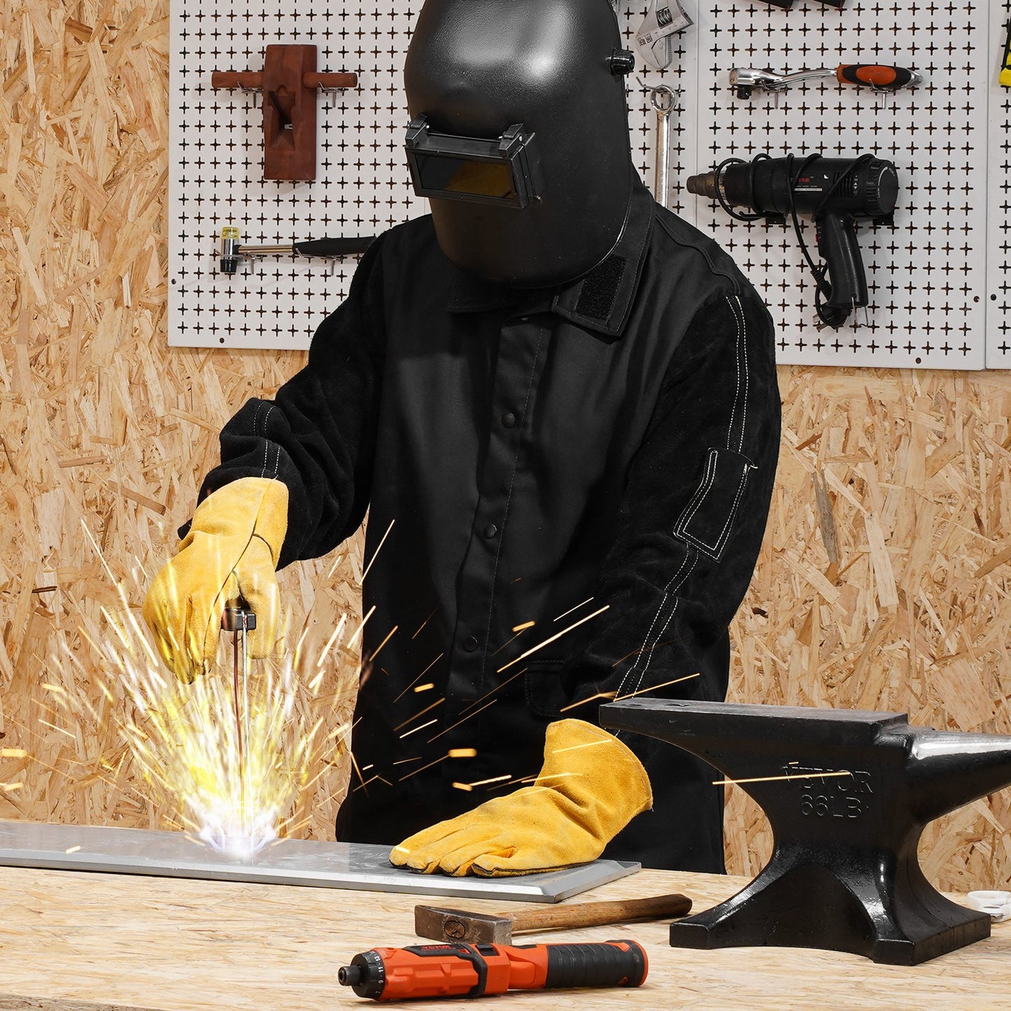 Flame-Resistant Welding Jacket - M Size, Heavy Duty Split Cowhide Leather Sleeve + 9 oz. FR Cotton Body, Heat-Resistant Welding Safety Jacket with Snap Buttons & Pockets, Ideal for Welder Fitter