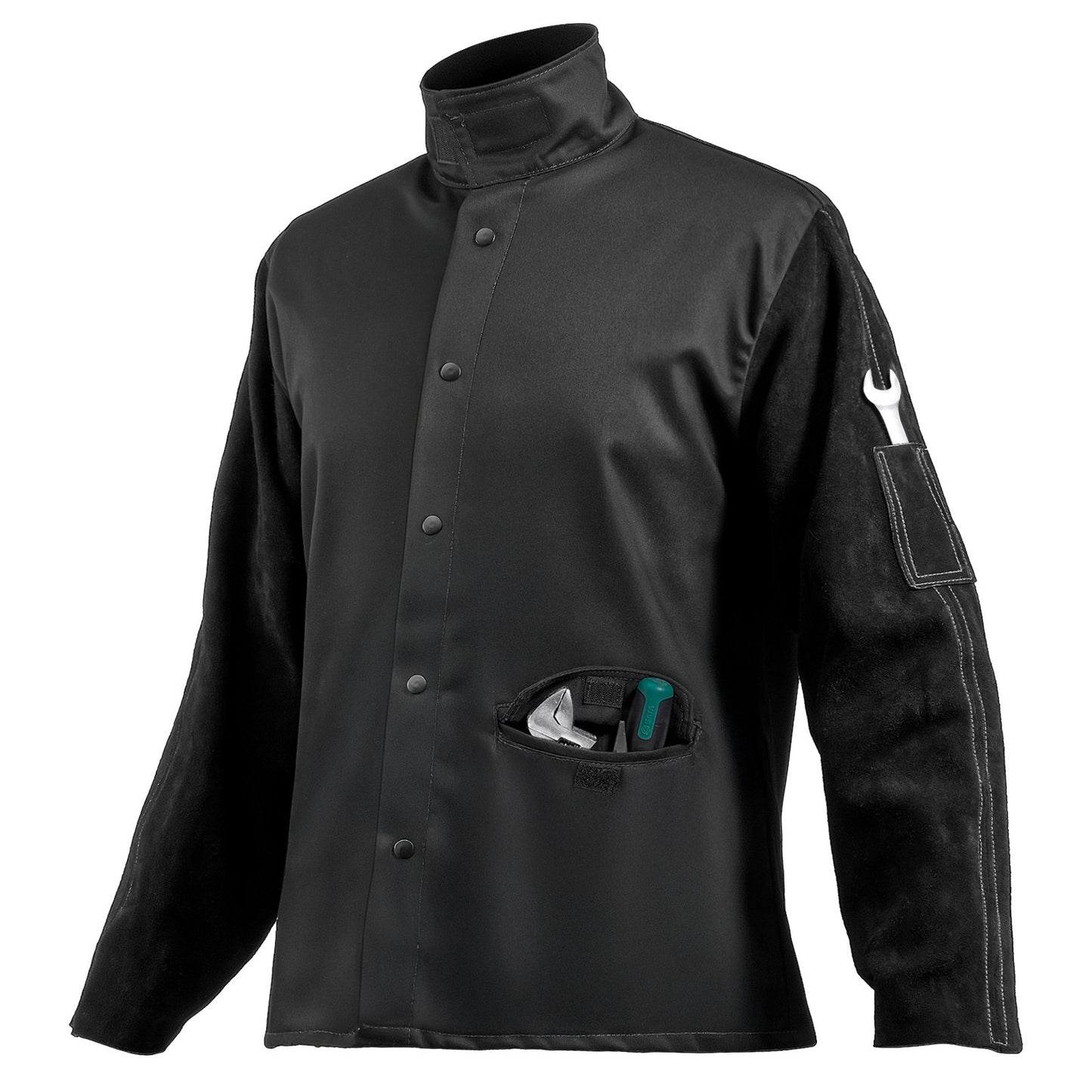 Flame-Resistant Welding Jacket - M Size, Heavy Duty Split Cowhide Leather Sleeve + 9 oz. FR Cotton Body, Heat-Resistant Welding Safety Jacket with Snap Buttons & Pockets, Ideal for Welder Fitter