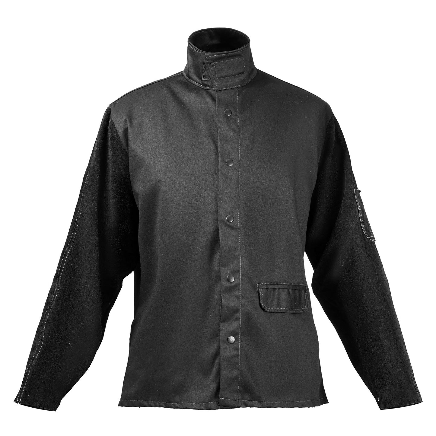 Flame-Resistant Welding Jacket - M Size, Heavy Duty Split Cowhide Leather Sleeve + 9 oz. FR Cotton Body, Heat-Resistant Welding Safety Jacket with Snap Buttons & Pockets, Ideal for Welder Fitter