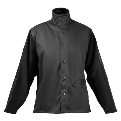 Flame-Resistant Welding Jacket - M Size, Heavy Duty Split Cowhide Leather Sleeve + 9 oz. FR Cotton Body, Heat-Resistant Welding Safety Jacket with Snap Buttons & Pockets, Ideal for Welder Fitter