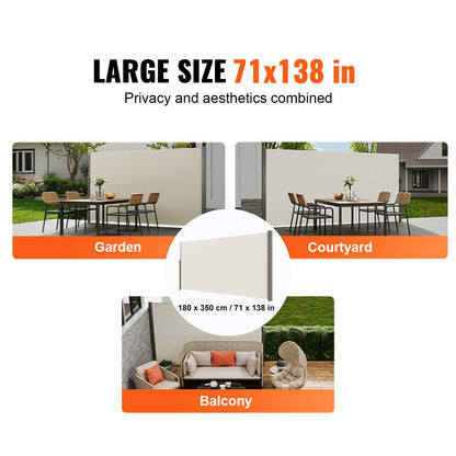 Retractable Side Awning, 71''x 138'' Outdoor Privacy Screen, 180g Polyester Water-proof Retractable Patio Screen, UV 30+ Room Divider Wind Screen for Patio, Backyard, Balcony, Beige