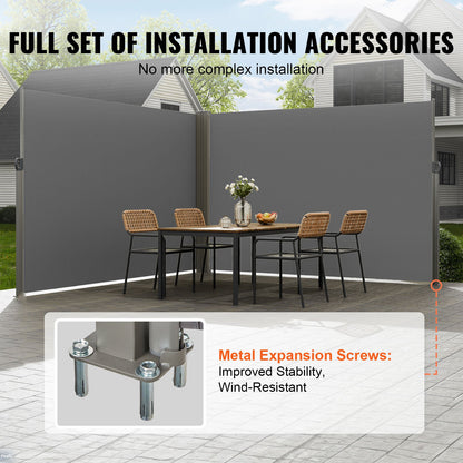 Retractable Side Awning, 79''x 236'' Outdoor Privacy Screen, 180g Polyester Water-proof Retractable Patio Screen, UV 30+ Room Divider Wind Screen for Patio, Backyard, Balcony, Gray