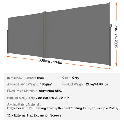 Retractable Side Awning, 79''x 236'' Outdoor Privacy Screen, 180g Polyester Water-proof Retractable Patio Screen, UV 30+ Room Divider Wind Screen for Patio, Backyard, Balcony, Gray