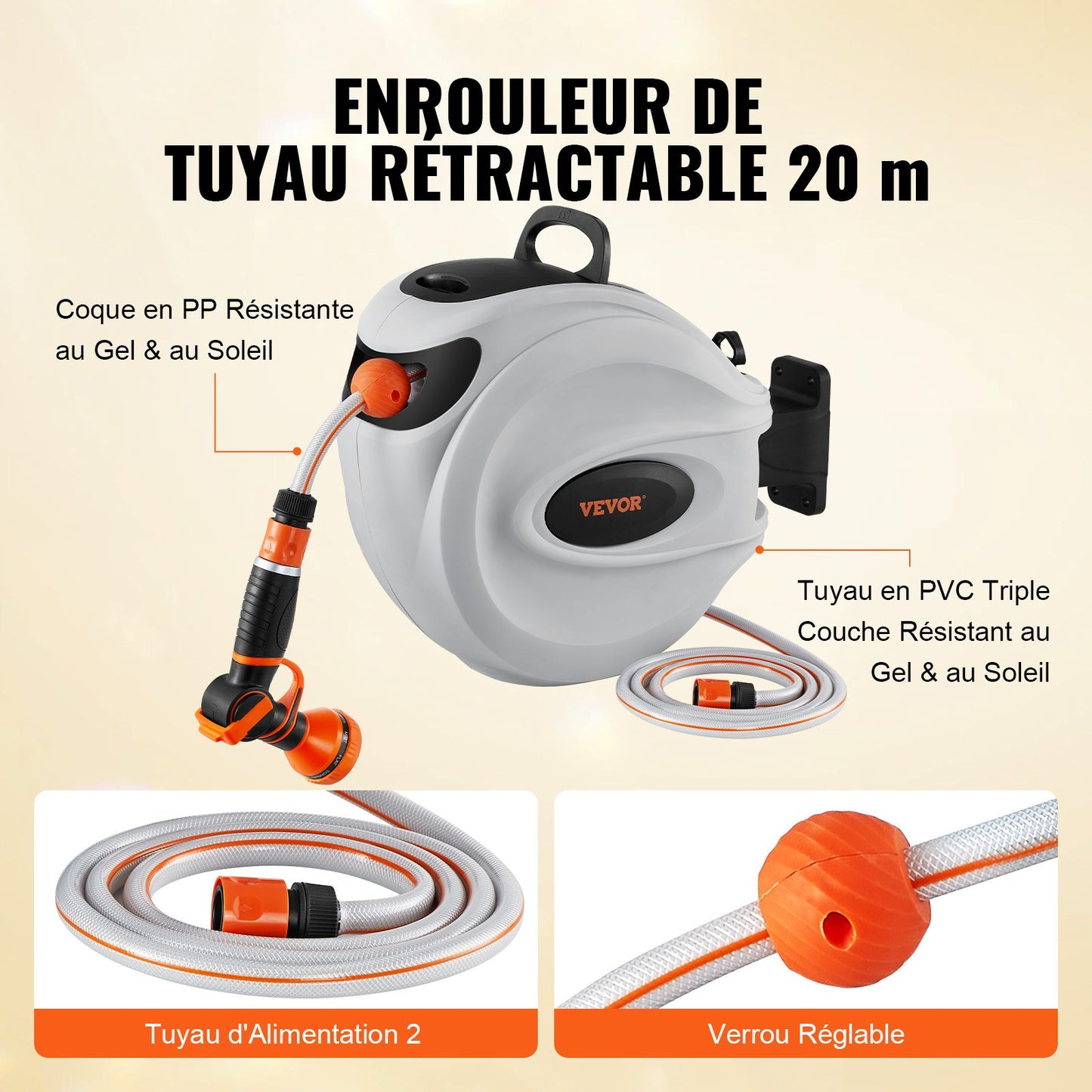 Einziehbare Schlauchtrommel, Wasserschlauchtrommel 20 m x 1,3 cm, 180° schwenkbar, Wandmontage