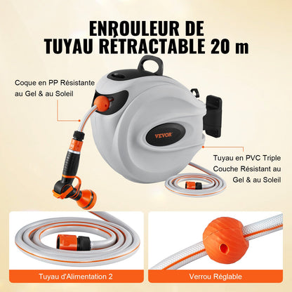 Einziehbare Schlauchtrommel, Wasserschlauchtrommel 20 m x 1,3 cm, 180° schwenkbar, Wandmontage